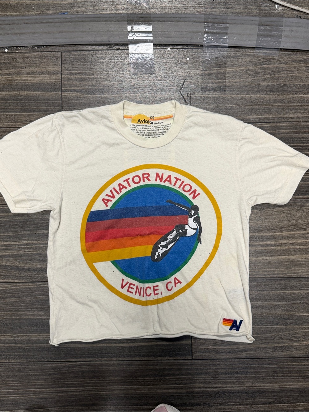 Aviator Nation White Short Sleeve Graphic Tee with Multicolor Round Logo